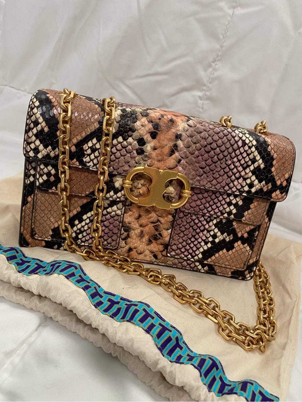 NWOT Tory Burch Pink Python Crossbody Bag Chain Strap Gemini Link Gold Hardware